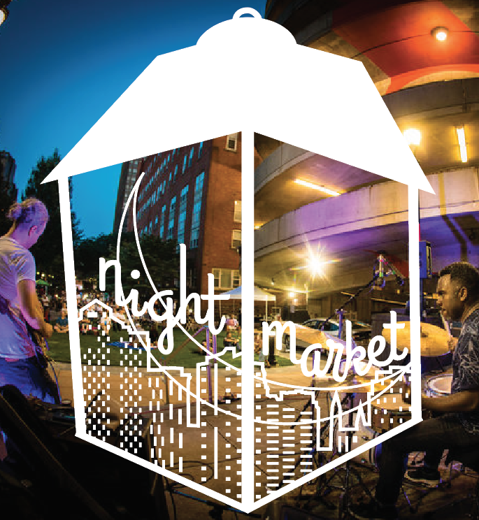 in white, in a lamp, a city skyline sits across a sliver of a moon with the words night market following the skyline, cuts over an evening scen of music on a city green.